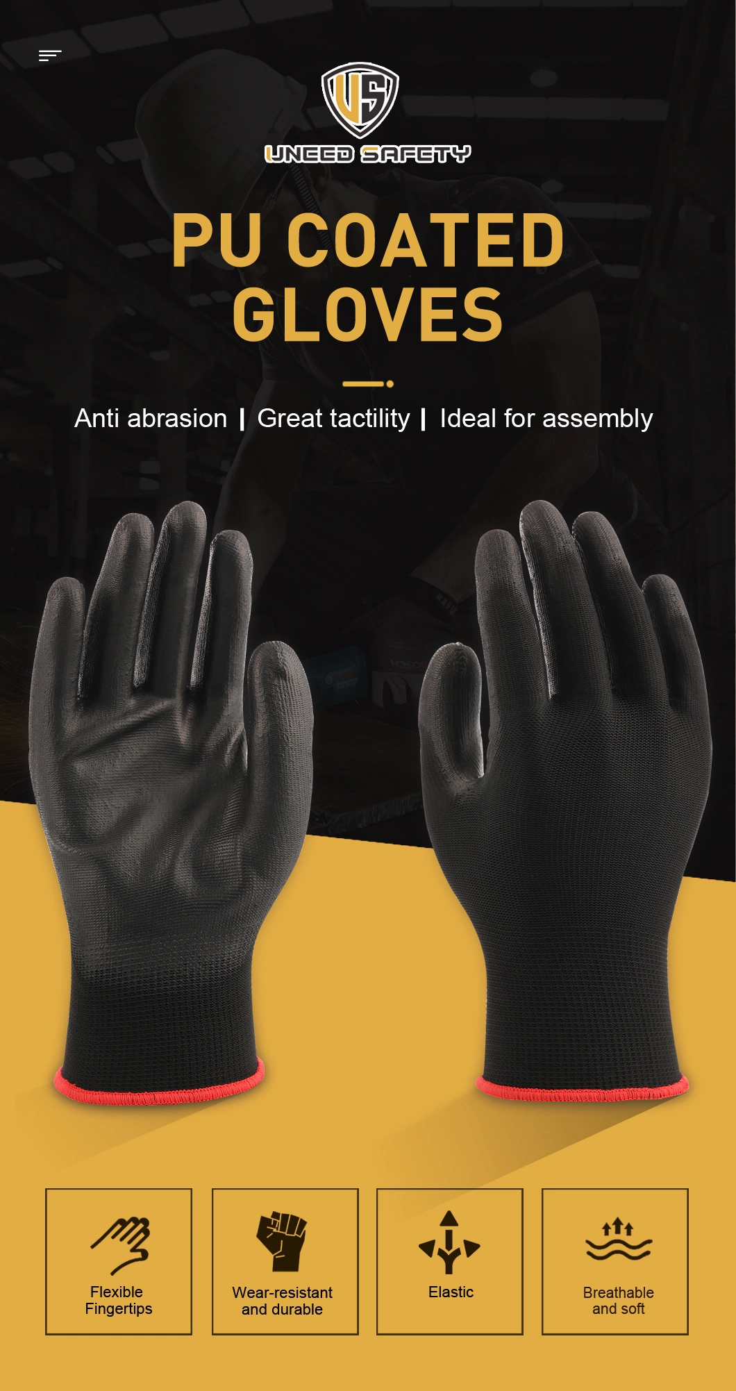 Grey PU Coated Personal Protection Anti Static PU Gloves for Gardening Safety Glove