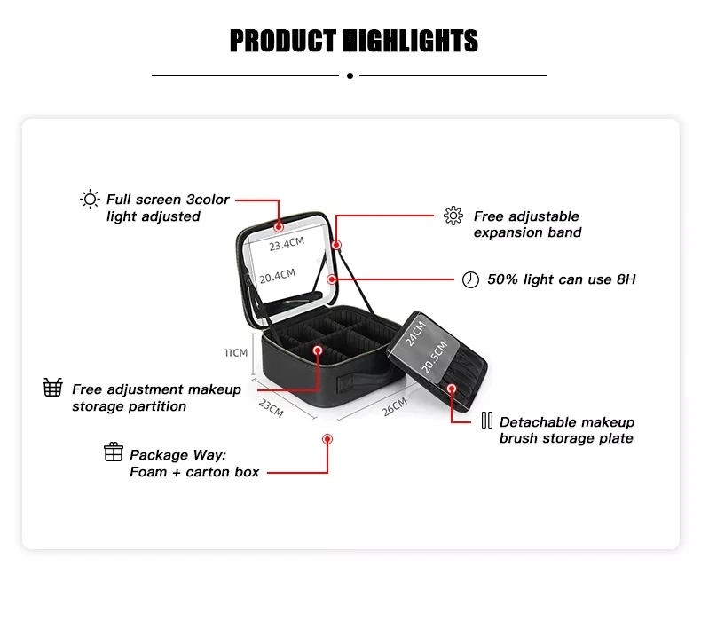2022 New Large Capacity Desktop Cosmetic Storage Box Waterproof Leather Travel Portable Makeup Bag Case with LED Light Mirror